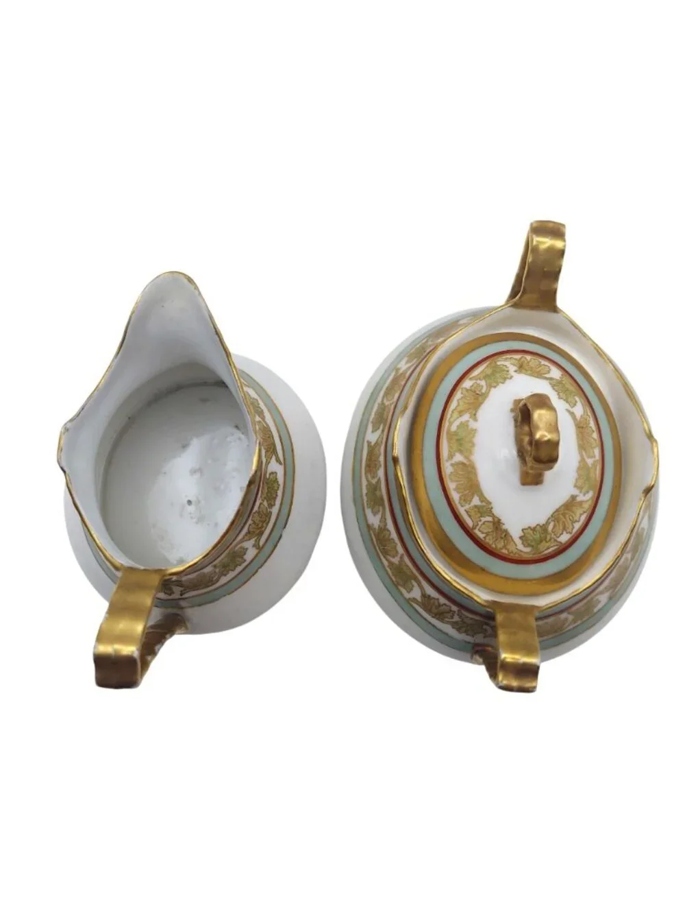 Limoges Coronet France Porcelain Sugar Bowl Creamer Leaf Motif Gold Trim Antique